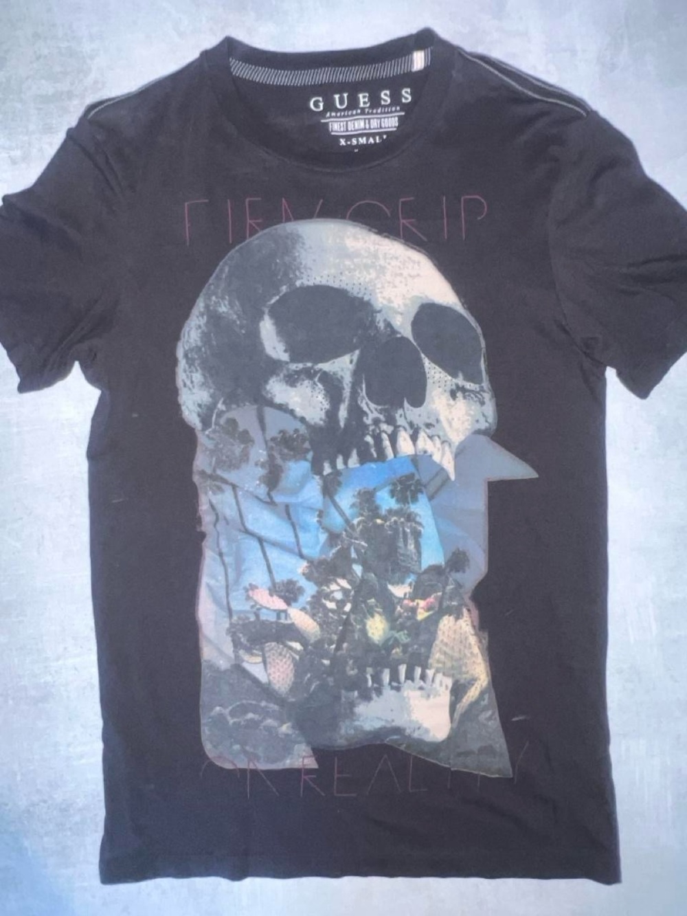 GUESS Black Short-Sleeve Skull Graphic Tee with Blue Accent